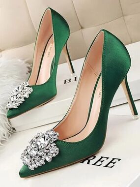 OrchTree Emerald Satin Crystal-Embellished Pointed Pumps